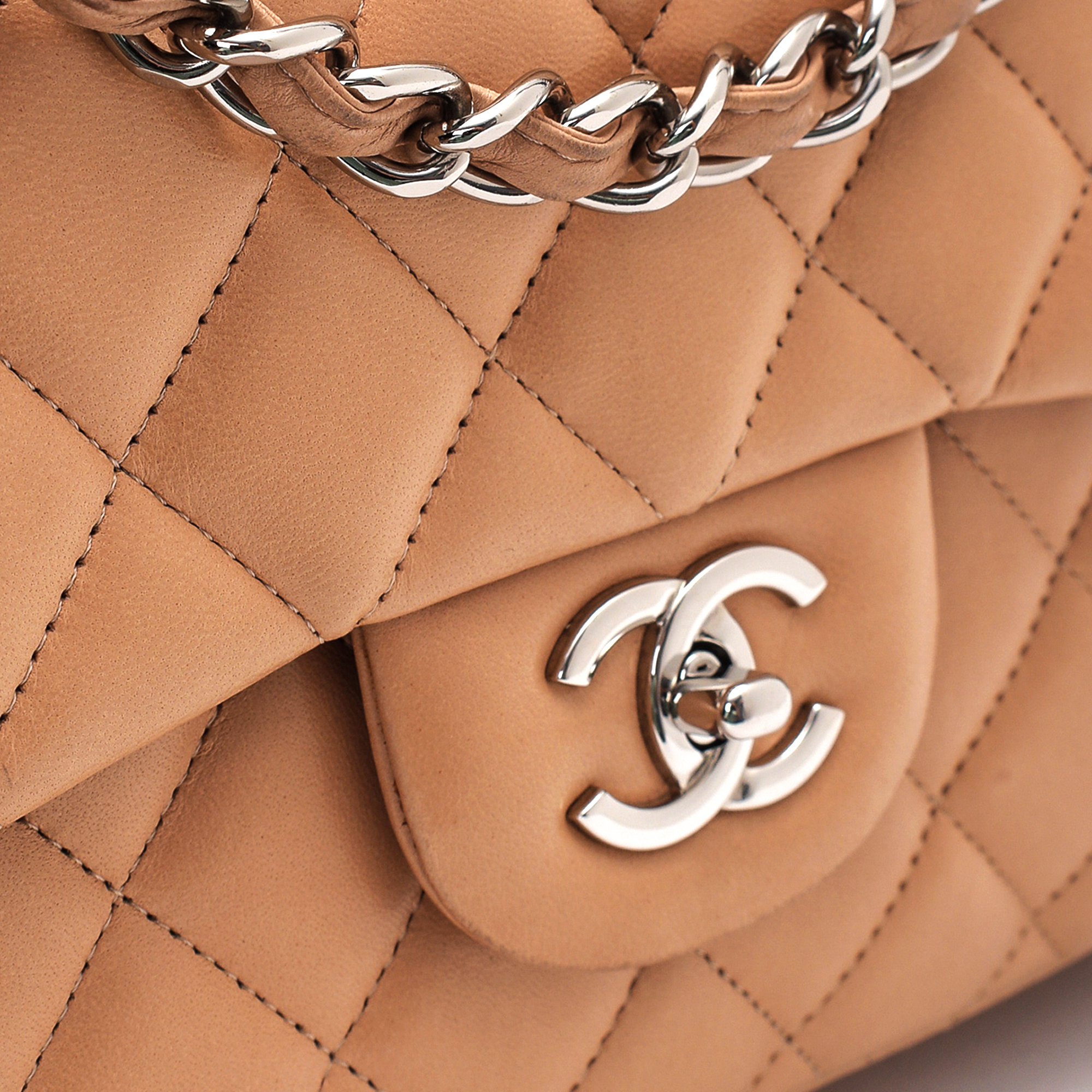 Chanel - Beige Quilted Lambskin Leather Maxi Jumbo Single Flap Bag